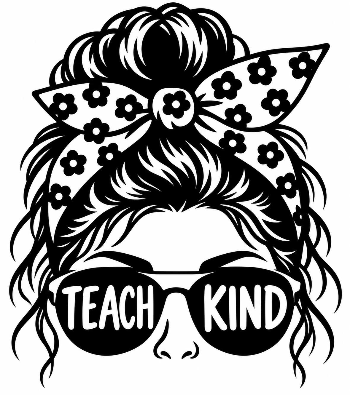 Teach Kind messy bun floral bow and sunglasses vinyl decal design
