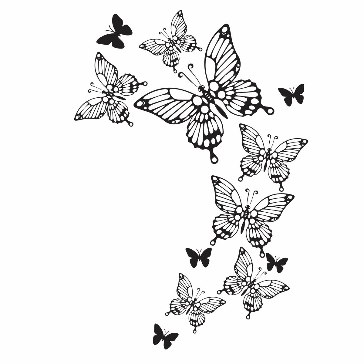 Butterfly Drift vinyl decal featuring a wide sweeping arc of detailed line-art and solid silhouette butterflies