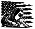 Black and white decal showing a welder working in front of an American flag