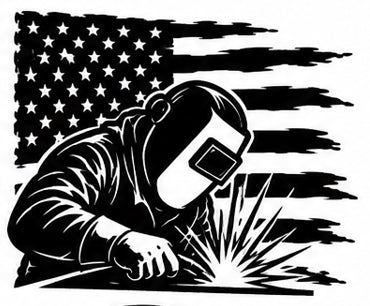 Black and white decal showing a welder working in front of an American flag