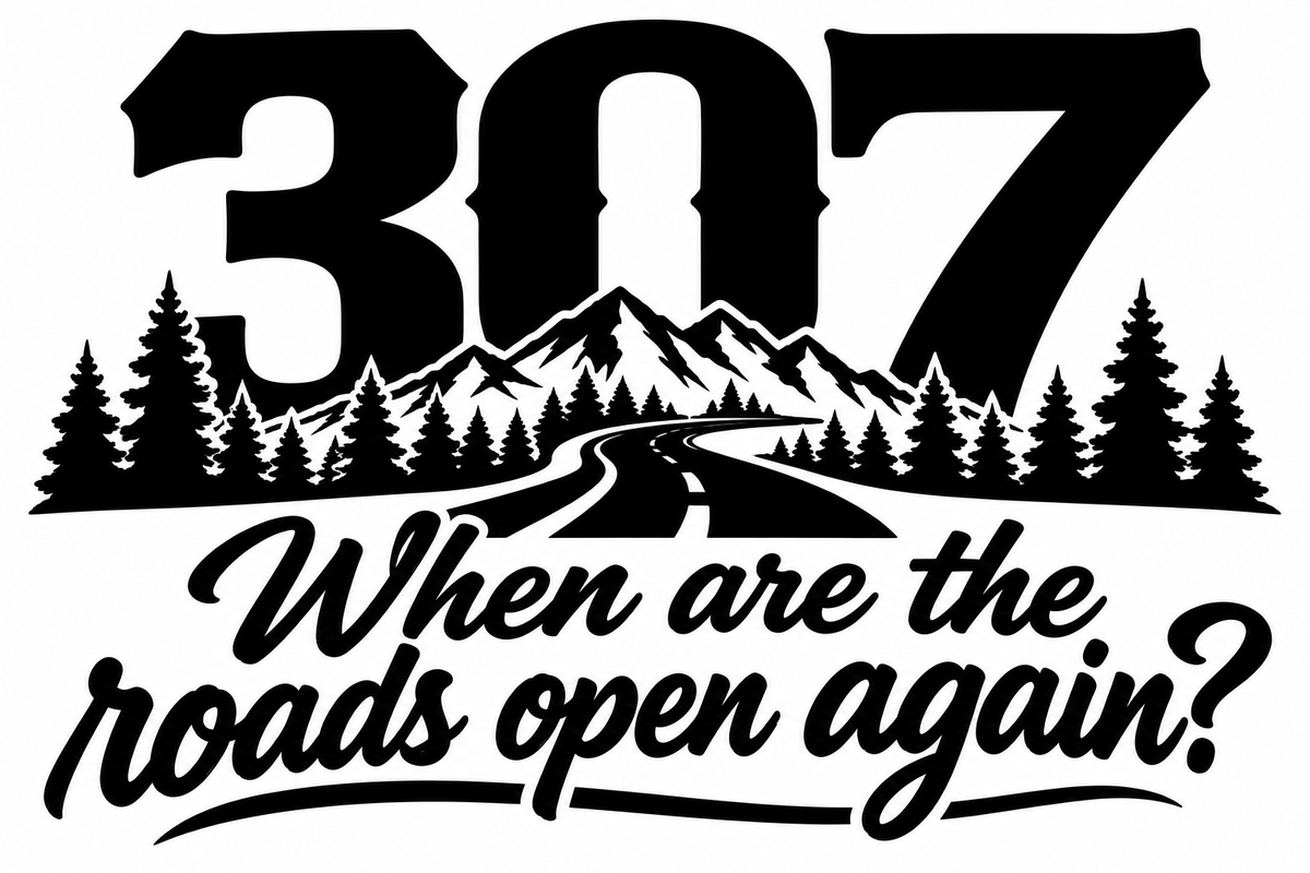 307 When Are the Roads Open Again Decal - Wyoming mountain road with pine trees and 307 area code