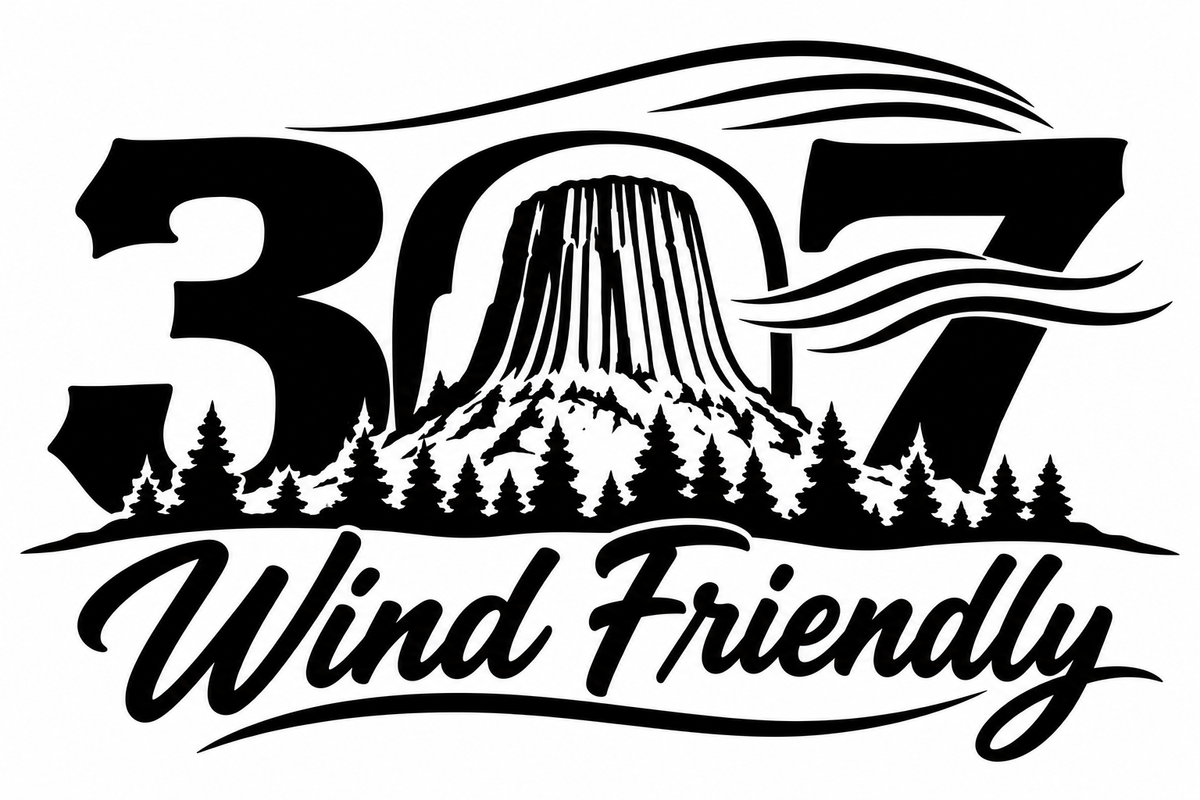 307 Wind Friendly Devils Tower Decal - Detailed Devils Tower with pine trees, wind lines, and Wind Friendly script lettering