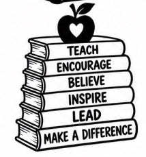 Stacked books with Teach Encourage Believe Inspire Lead Make a Difference vinyl decal