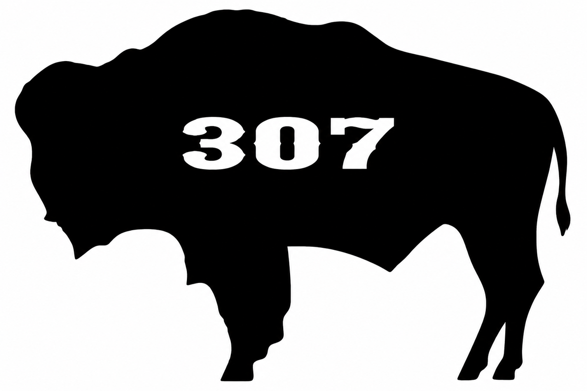 307 Bison Silhouette Decal - Bold black bison silhouette with 307 Wyoming area code knocked out in white on the body