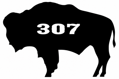 307 Bison Silhouette Decal - Bold black bison silhouette with 307 Wyoming area code knocked out in white on the body
