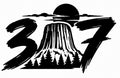 307 Devils Tower Decal - Silhouette of Devils Tower with pine trees and sun framed by bold brushstroke 307 numerals