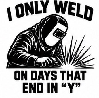 Black and white welding decal reading I Only Weld on Days That End in Y