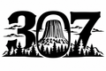 307 Devils Tower Landscape Decal - Bold 307 numerals with Devils Tower rising through the zero, pine treelines, mountain peaks and clouds