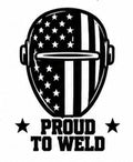 Black and white American flag welding helmet decal reading Proud to Weld