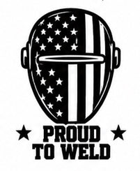 Black and white American flag welding helmet decal reading Proud to Weld
