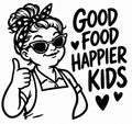 Lunch lady with headscarf and sunglasses giving thumbs up, text Good Food Happier Kids