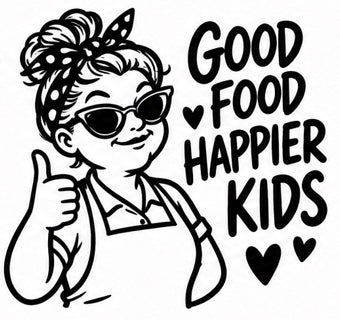 Lunch lady with headscarf and sunglasses giving thumbs up, text Good Food Happier Kids