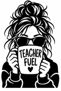 Teacher with messy bun and sunglasses holding Teacher Fuel coffee mug vinyl decal