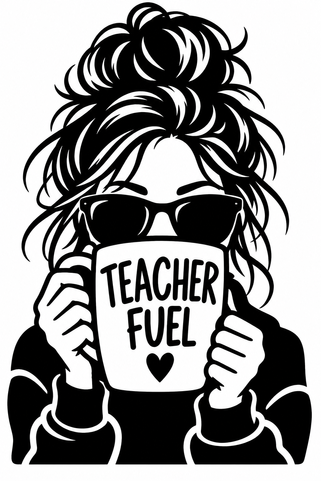 Teacher with messy bun and sunglasses holding Teacher Fuel coffee mug vinyl decal