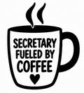 Secretary Fueled by Coffee vinyl decal featuring a coffee mug and heart