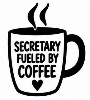 Secretary Fueled by Coffee vinyl decal featuring a coffee mug and heart