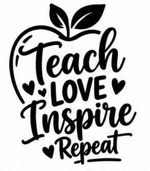 Teach Love Inspire Repeat lettering shaped with an apple and heart accents vinyl decal