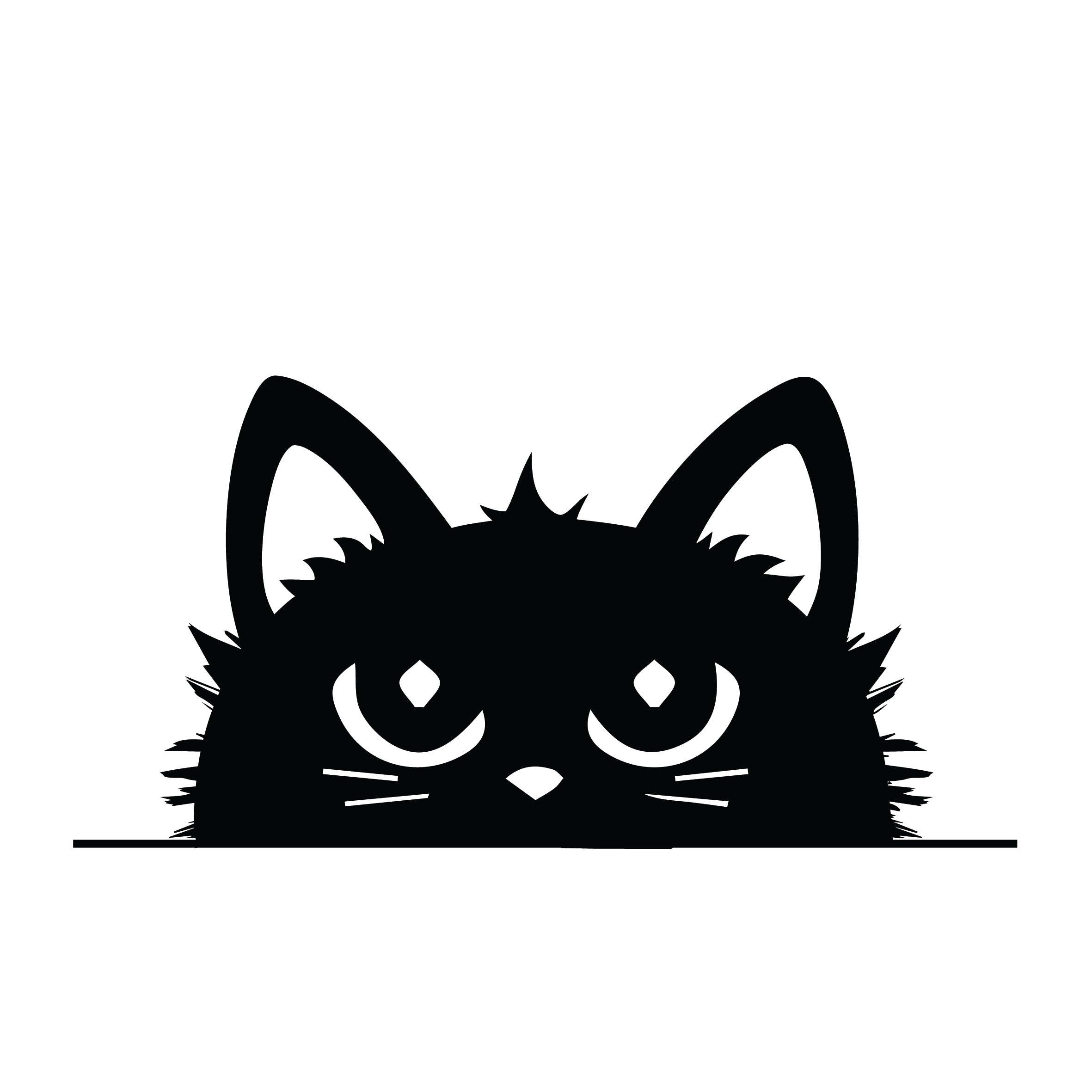 Peeking black cat silhouette sticker with fluffy ears and wide eyes