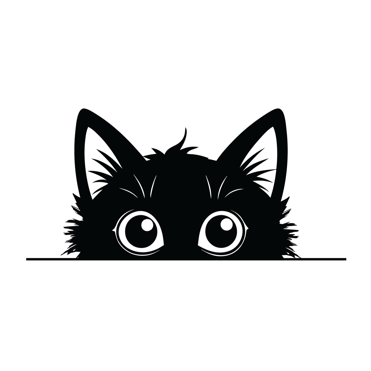 Wide-eyed peeking black cat silhouette sticker with big round eyes and pointed ears