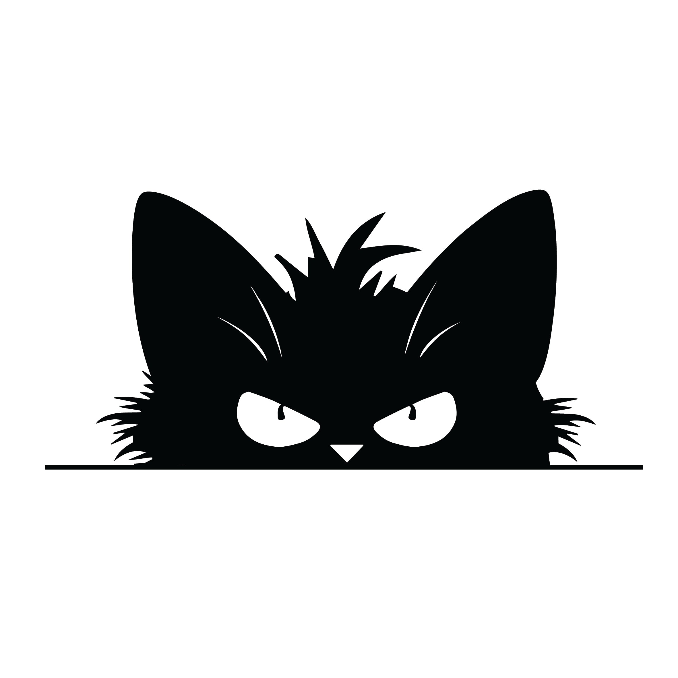 Grumpy peeking black cat silhouette sticker with narrowed angry eyes and wild fur