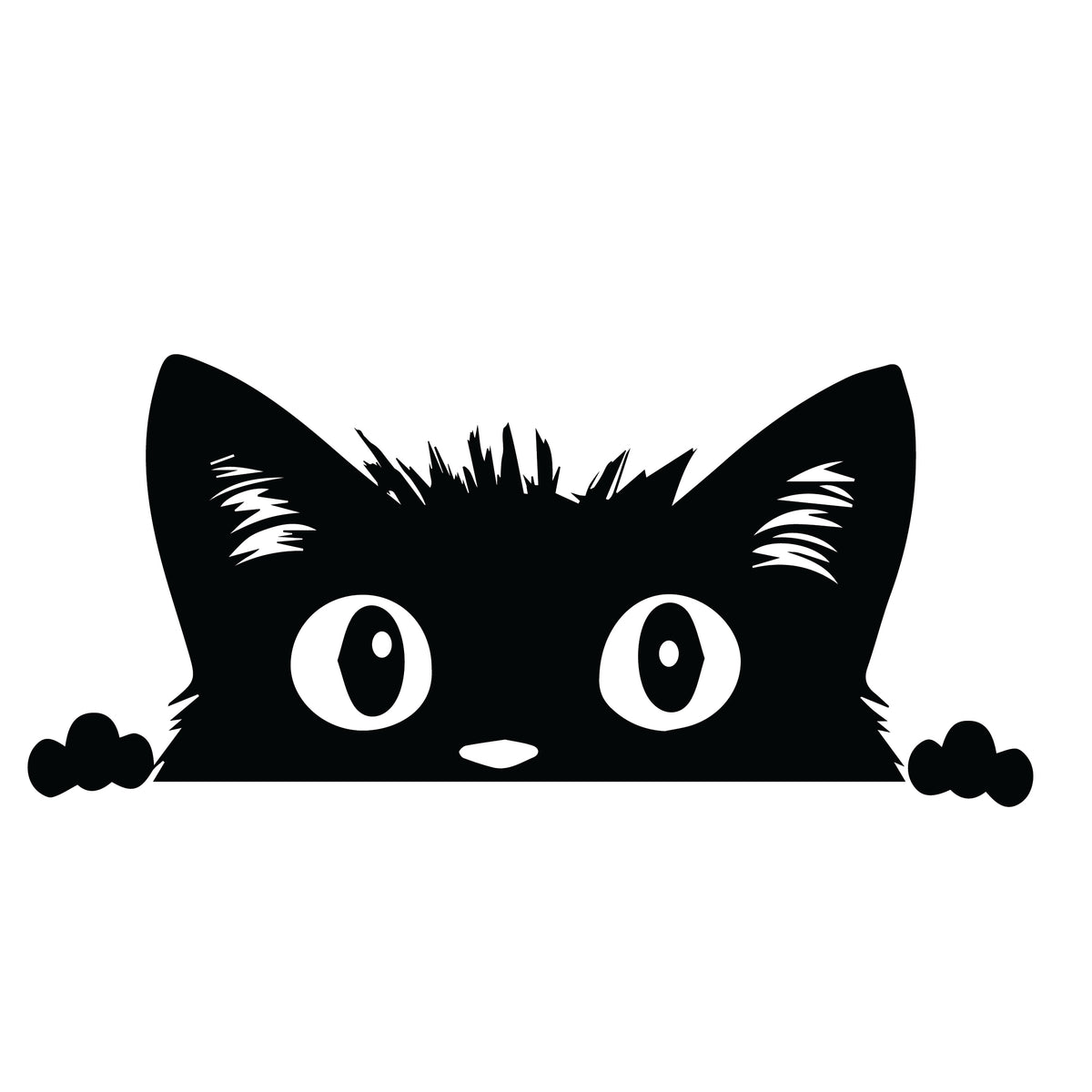 Curious peeking black cat silhouette sticker with paws and big round eyes