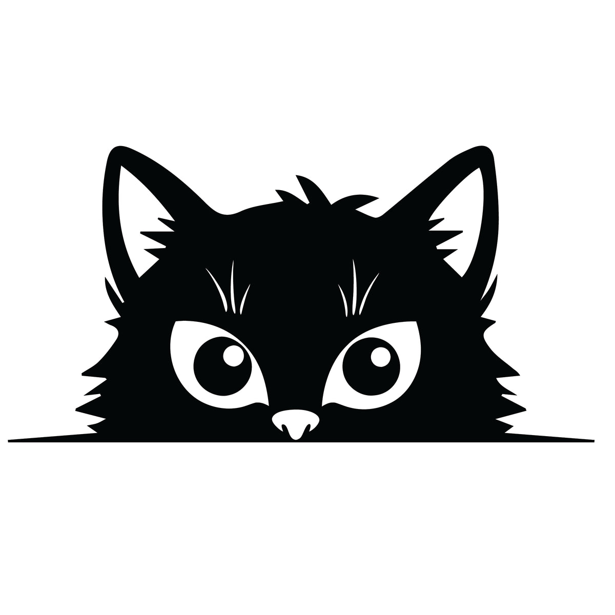 Fluffy peeking black cat silhouette sticker with large expressive eyes and pointed ears