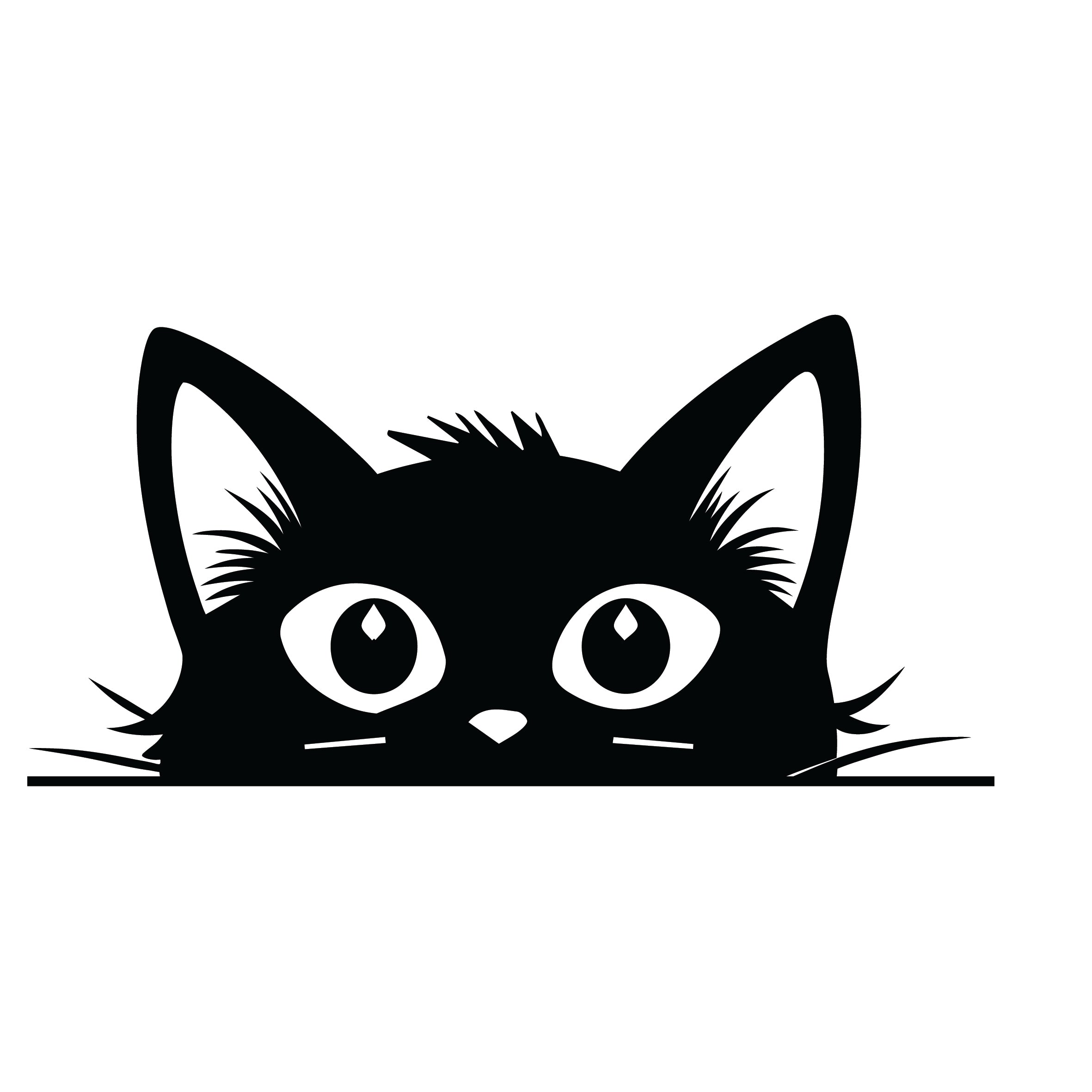 Sweet peeking black cat silhouette sticker with detailed inner ears, tufted fur and expressive eyes