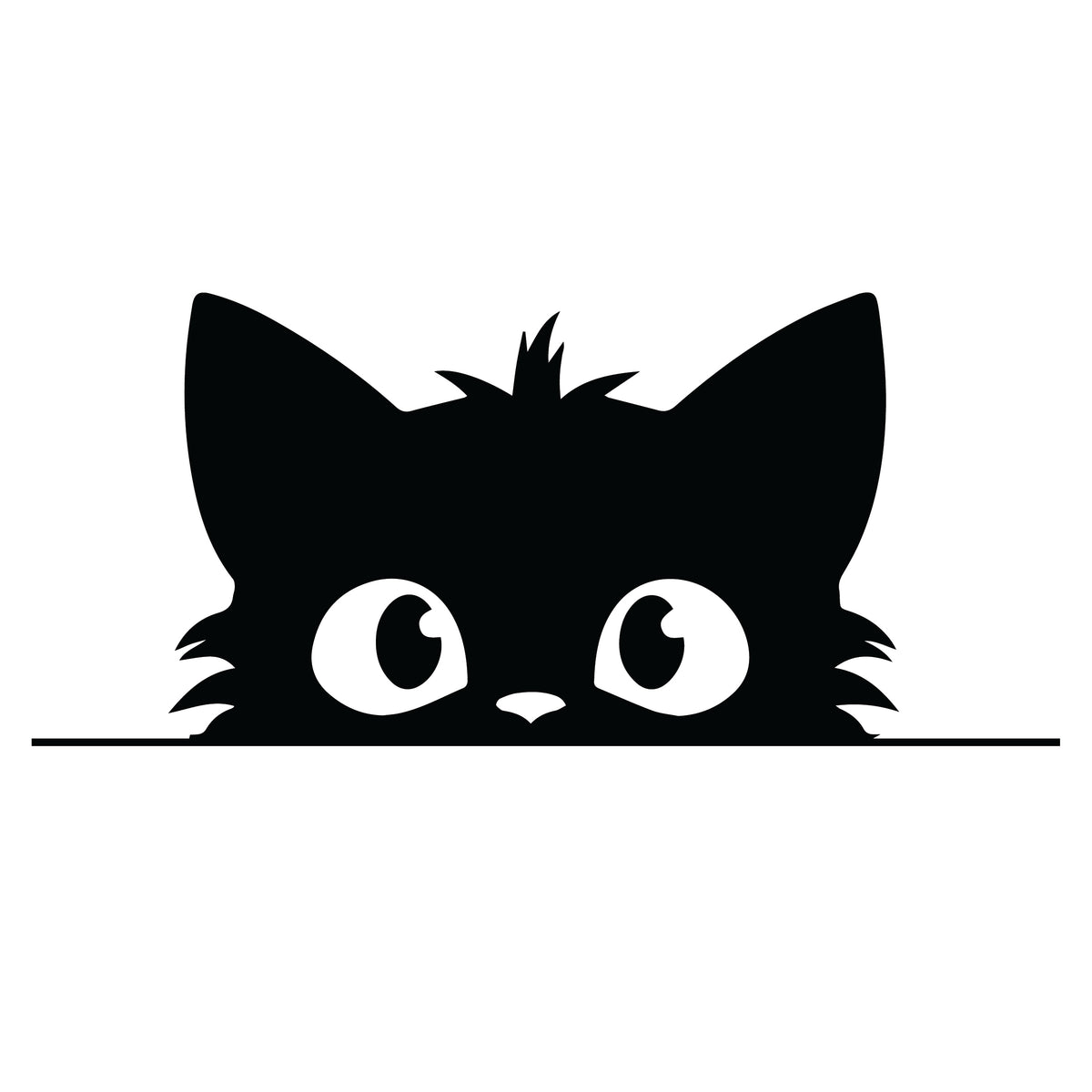 Scruffy peeking black cat silhouette sticker with messy tufted fur and wide expressive eyes