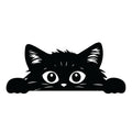 Fluffy peeking black cat silhouette sticker with round paws, whiskers and big bright eyes