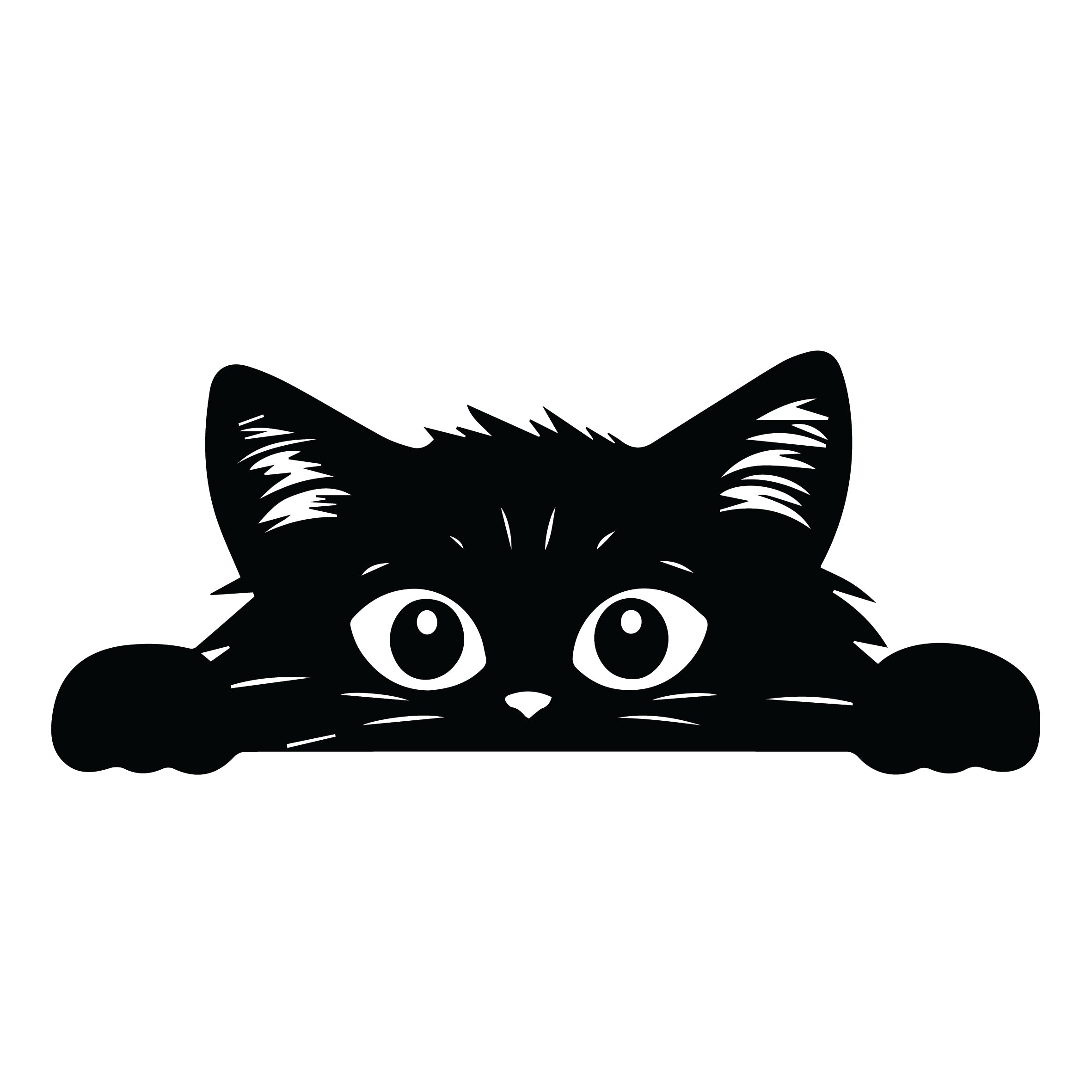 Fluffy peeking black cat silhouette sticker with round paws, whiskers and big bright eyes