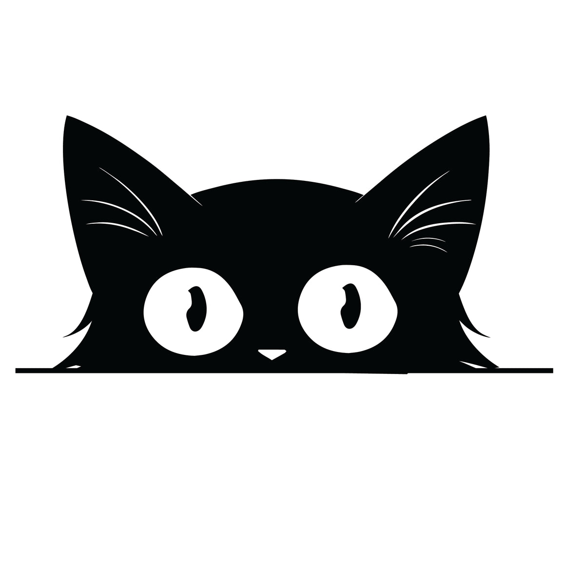 Sleek peeking black cat silhouette sticker with clean ear details, wide eyes and small smile