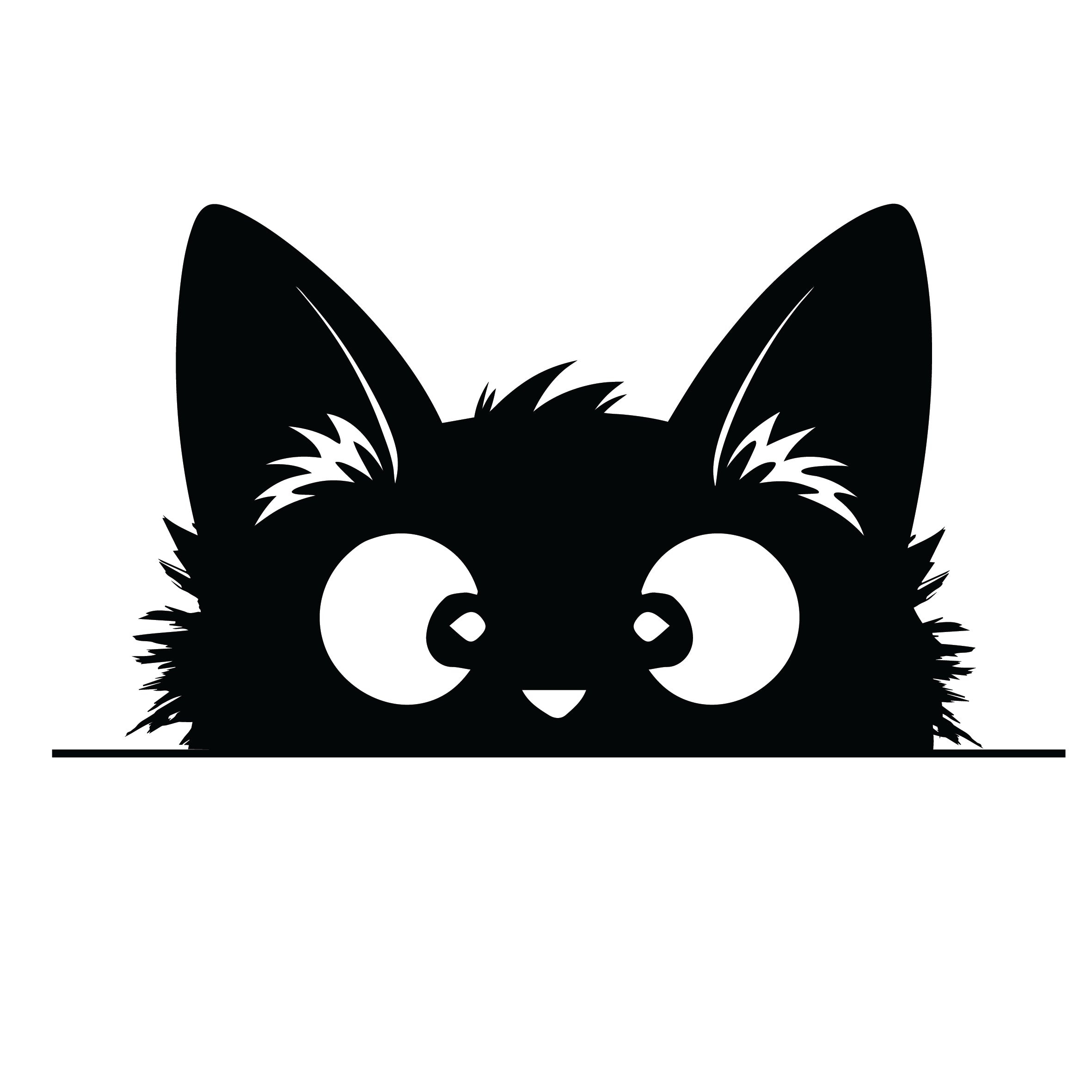 Fluffy wide-eyed peeking black cat silhouette sticker with giant eyes, happy nose and wild spiky fur