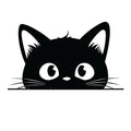 Peeking black cat silhouette sticker with long whiskers, big round eyes and small smiling nose