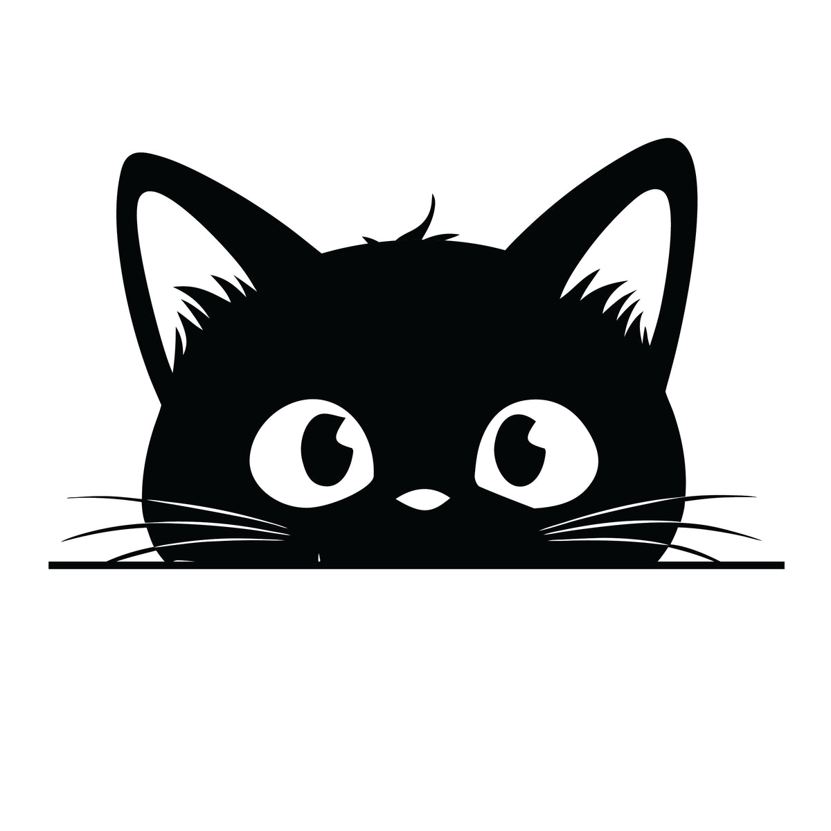 Peeking black cat silhouette sticker with long whiskers, big round eyes and small smiling nose