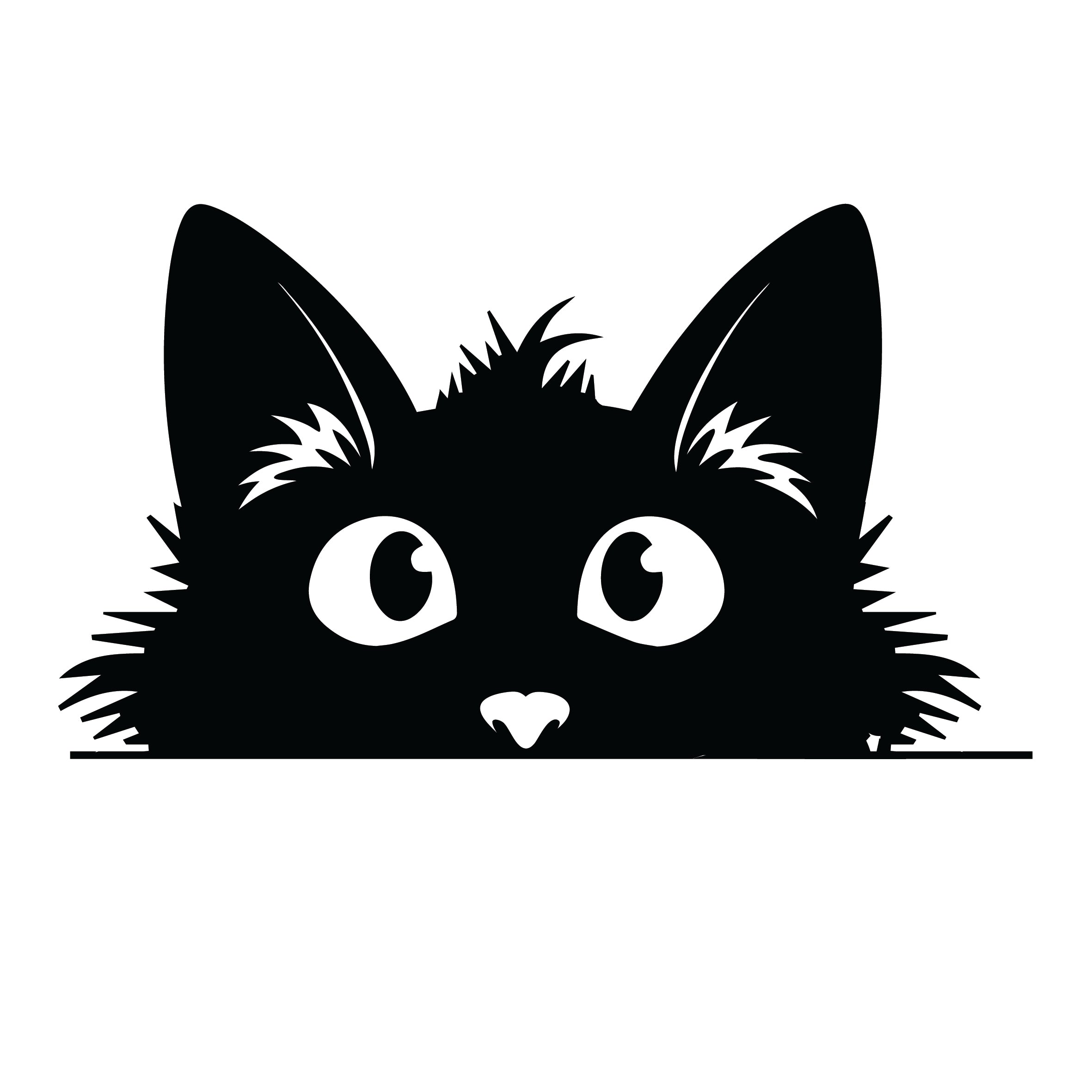 Scraggly peeking black cat silhouette sticker with spiky fur radiating outward, wide eyes and small heart nose