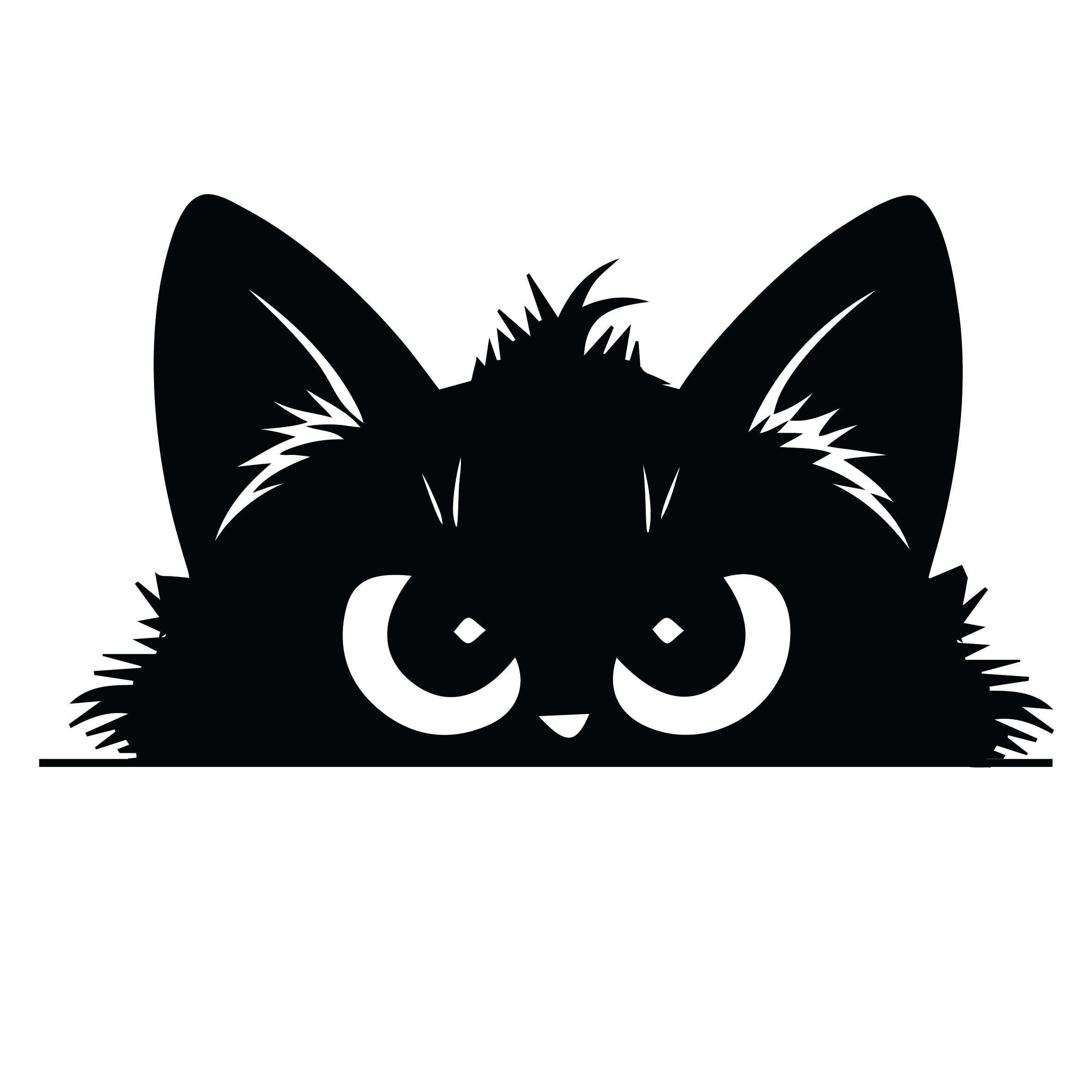 Grumpy peeking black cat silhouette sticker with half-lidded eyes, smug expression and spiky fluffy fur