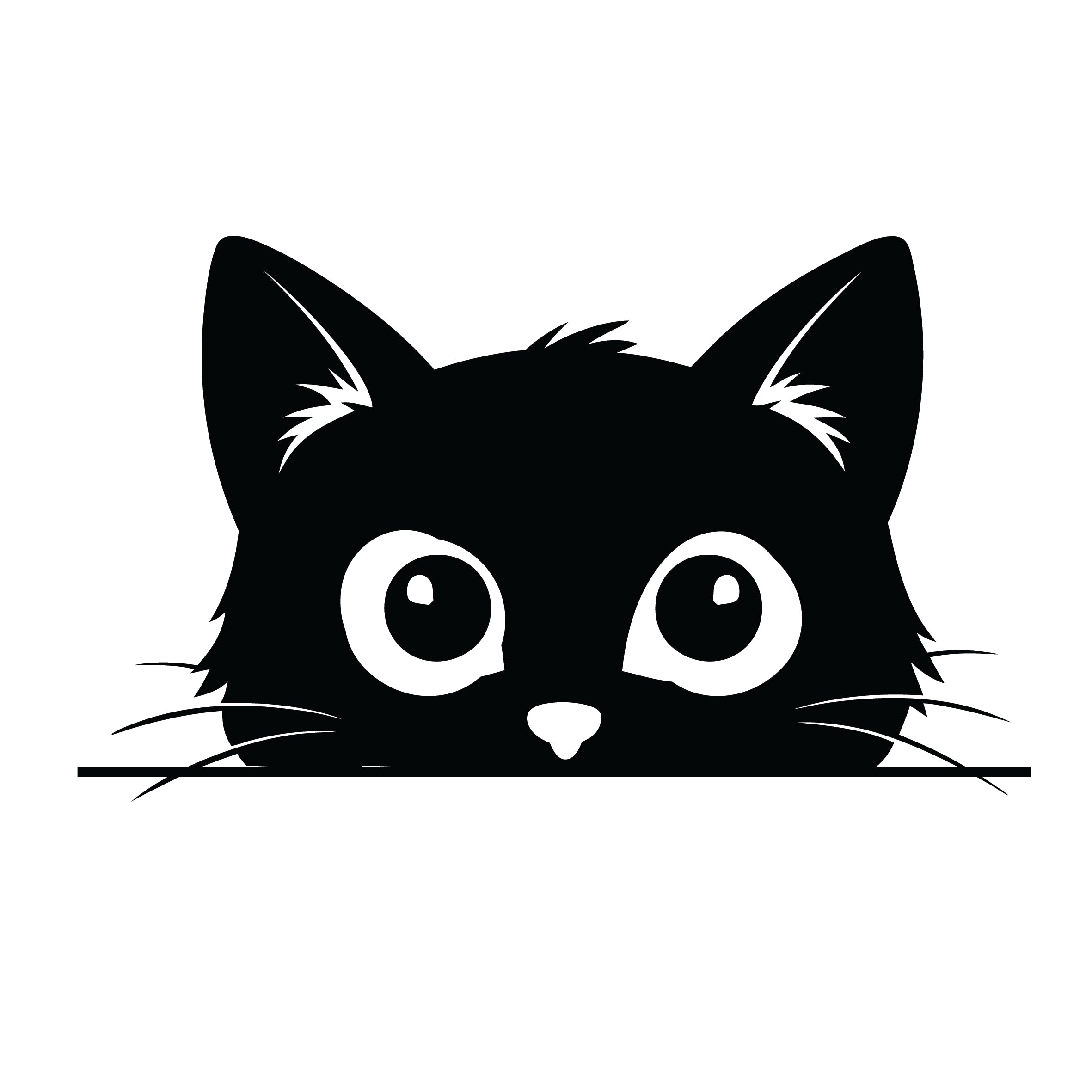 Peeking black cat silhouette sticker with oversized round eyes, long whiskers and tiny button nose