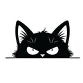 Menacing peeking black cat silhouette sticker with narrowed angry eyes, arched brows and shaggy spiky fur