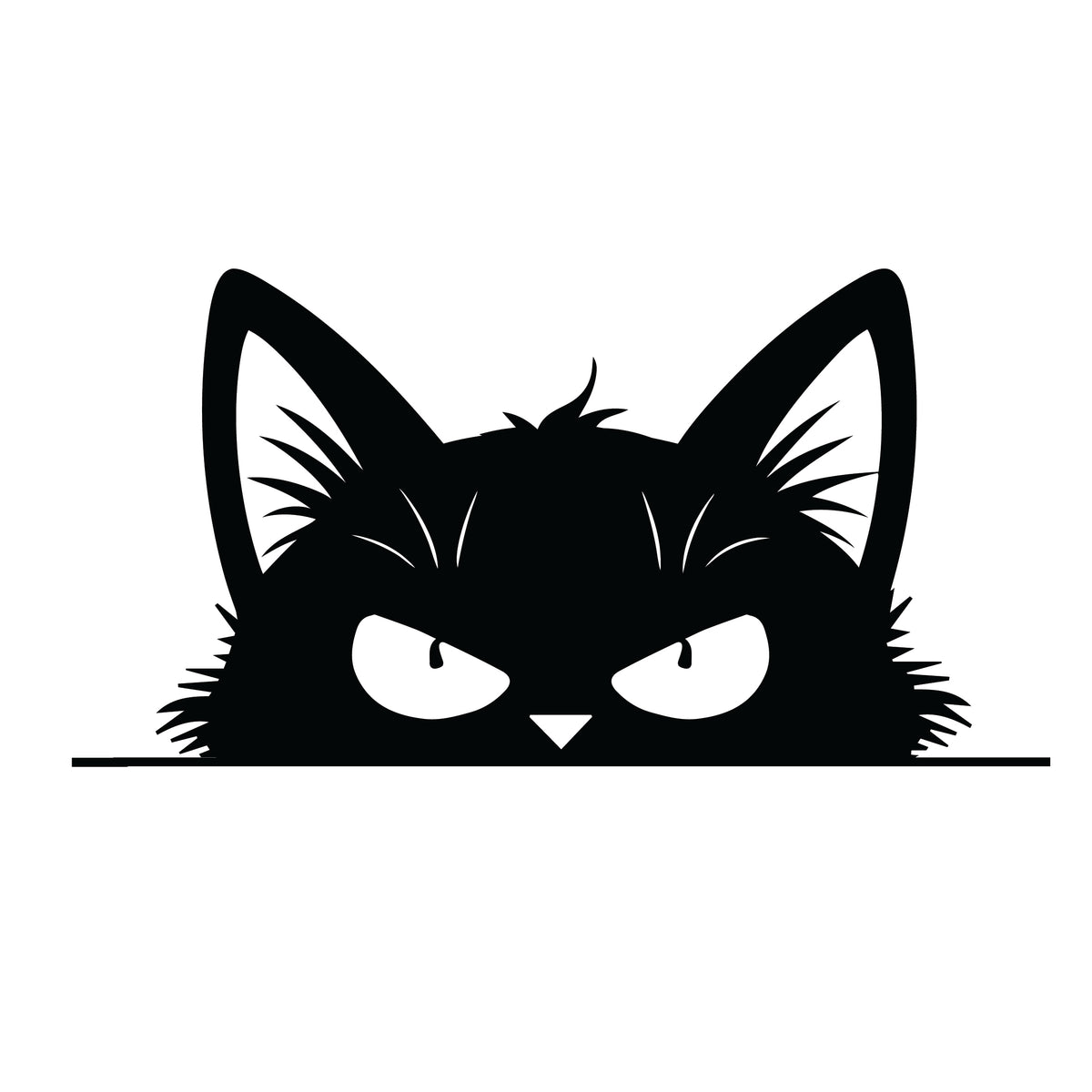 Menacing peeking black cat silhouette sticker with narrowed angry eyes, arched brows and shaggy spiky fur