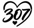 307 Heart Decal - Bold script 307 Wyoming area code numerals inside a heart outline with small heart below