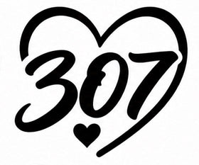 307 Heart Decal - Bold script 307 Wyoming area code numerals inside a heart outline with small heart below