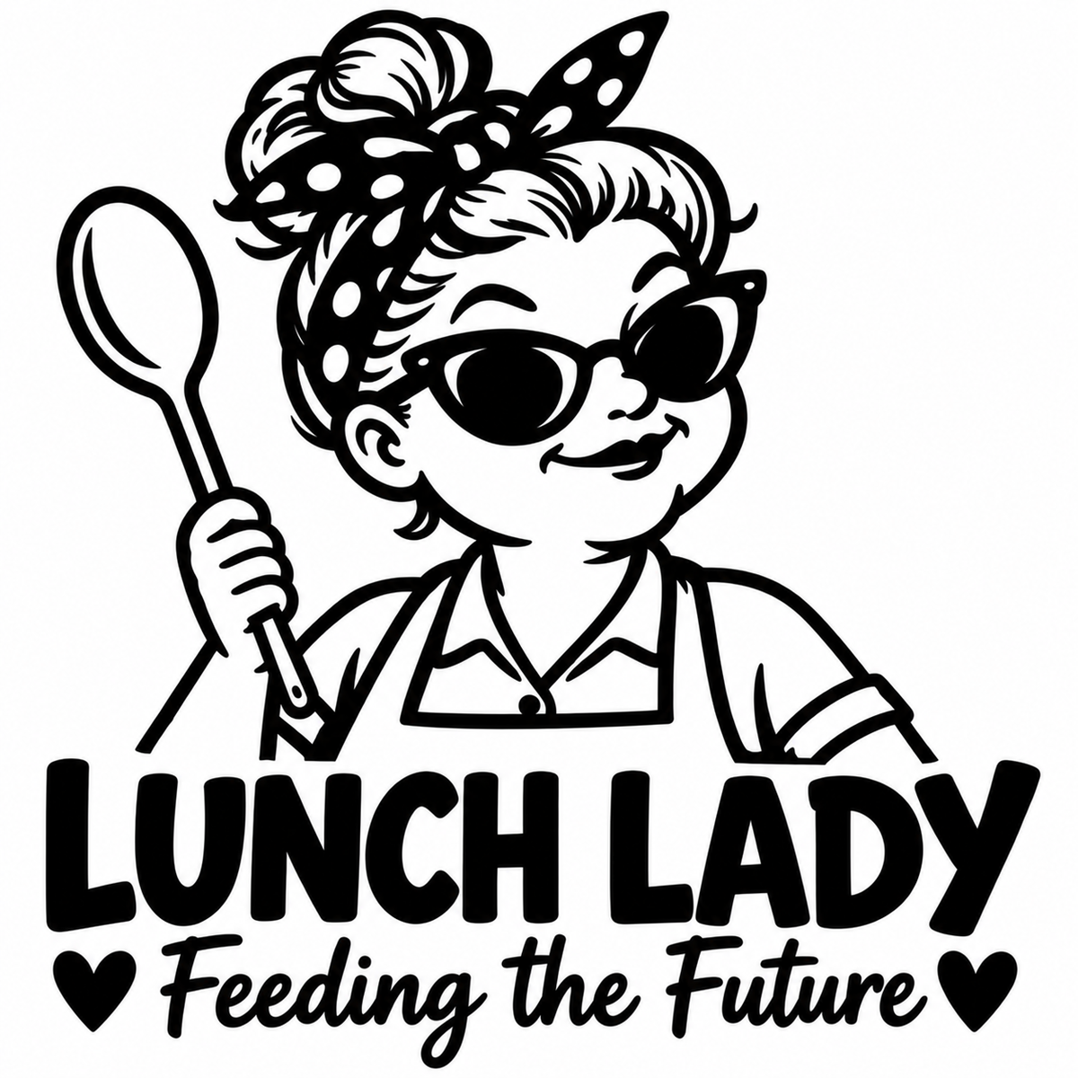 Lunch lady with polka-dot headband, sunglasses, and wooden spoon, text Lunch Lady Feeding the Future