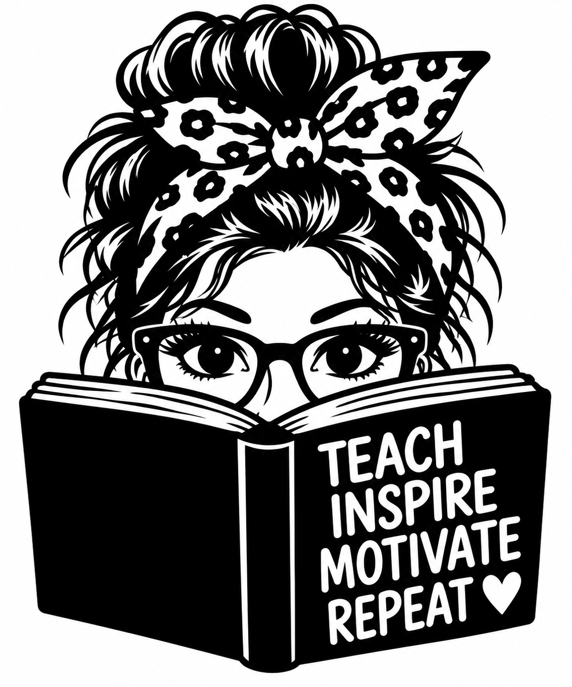 Teacher peeking over a book with Teach Inspire Motivate Repeat text vinyl decal