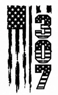 307 Vertical Distressed Flag Decal - Tattered vertical American flag with bold 307 Wyoming area code numerals stacked alongside